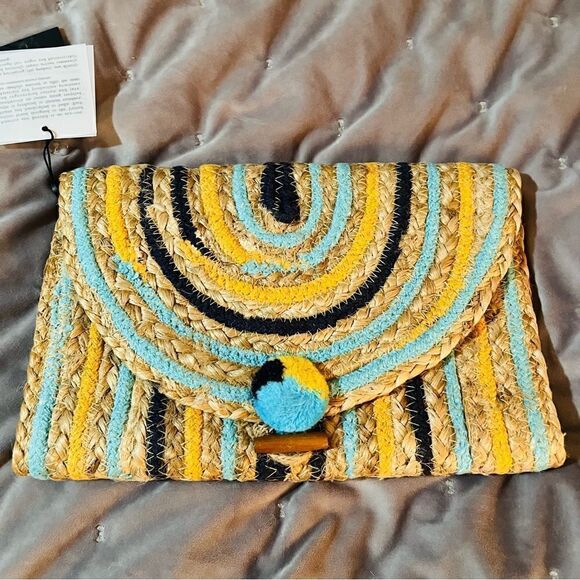 AMERICA & BEYOND Sunset Striped Staw Woven Jute Clutch Purse Tan Blue OS NWT - Picture 3 of 12